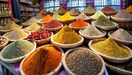 a colorful display of various spices in an oriental bazaar the photo shows different types of spices such as turmeric paprika cumin and cinnamon arranged in piles or jars