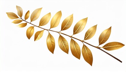 tree branch with golden leaves on white background isolated closeup decorative gold color plant sprig yellow shiny metal twig foliage illustration floral design element herbal symbol botany sign