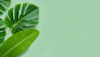 closeup tropical green leaf background flat lay fresh wallpaper banner concept