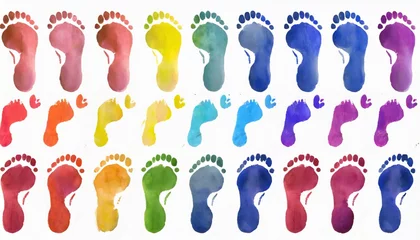 Fotobehang rainbow color human footprints way white background isolated colorful watercolor barefoot footsteps pattern foot print collection walking path illustration bare feet route trail imprint stamp mark © Irene