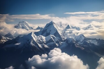 Stunning aerial view of Himalayan mountain range above clouds. Dhaulagiri and Machapuchare peaks visible. , .highly detailed,   cinematic shot   photo taken by sony   incredibly detailed, sharpen deta