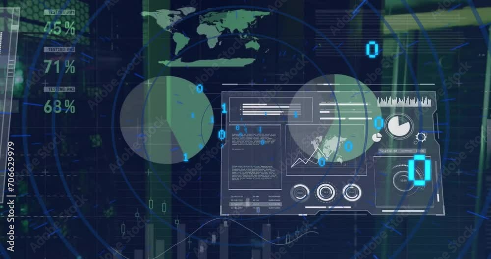 Poster animation of binary coding and interface screens processing data over computer server room