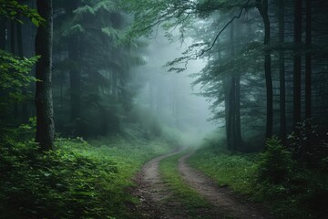 Misty forest path leading into the unknown