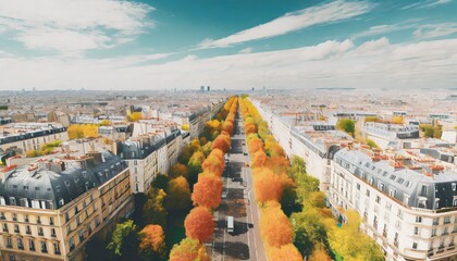 aerial view over streets of paris france with trees in autumn colors lining sidewalks on sunny day