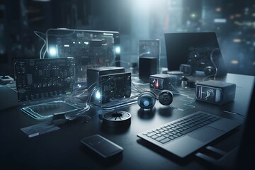3D illustration of devices connected to big data network via cloud computing and IoT , .highly detailed,   cinematic shot   photo taken by sony   incredibly detailed, sharpen details   highly realisti - obrazy, fototapety, plakaty