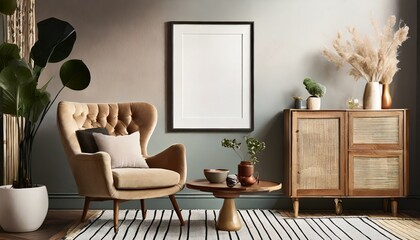 creative composition of cozy living room interior design with mock up poster frame fluffy armchair folding screen coffee table commode and personal accessories modern style template