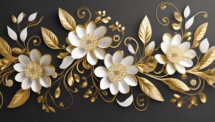 luxurious 3d gold and white floral design on dark background