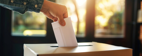 Hand drops ballot into ballot box on election day - obrazy, fototapety, plakaty