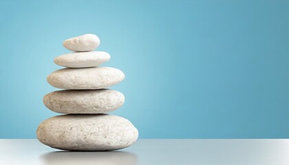 white sea pebble stone stack on light blue background