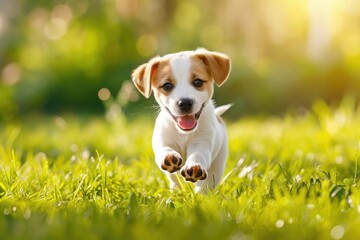 Playful puppy romping in a field of green grass