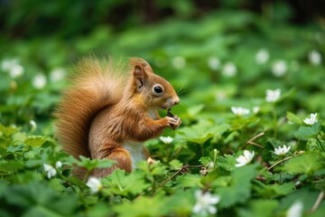 Naklejka na ściany i meble Playful squirrel foraging in a lush green park