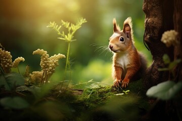 Playful squirrel in a lush green forest