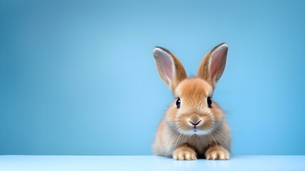 Fluffy Bunny in front of a blue Wallpaper. Blank Background with Copy Space