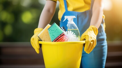 close-up of a beauty girl holding a bucket of professional cleaning equipment, ready to scrub and wash.