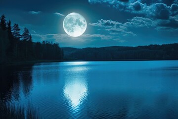 Fototapeta na wymiar Radiant full moon casting light over a tranquil lake
