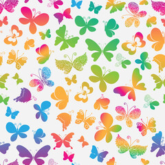 Vector seamless spring pattern with rainbow butterflies of various shapes on white background