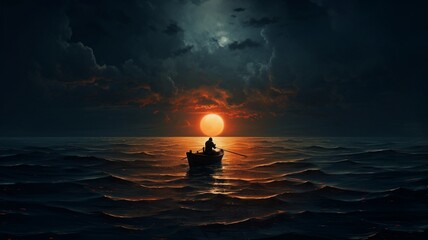 Alone man riding boat in the ocean water HD wallpaper