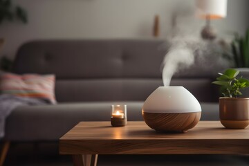 an essential oil diffuser in a table in a living room, aromatherapy landing page , relax, stockphoto,
