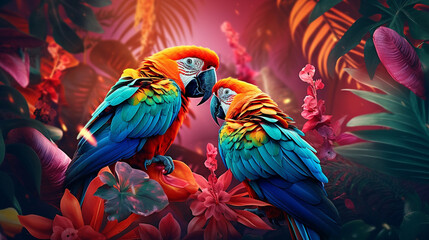 Obraz premium A tropical pattern with leaves and birds