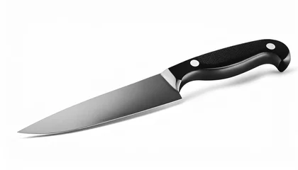 Fotobehang steel paring knife with black plastic handle on white background isolated closeup metal chef knife sharp stainless blade carving knife cooking food kitchen utensil cutting tool dangerous weapon © Irene