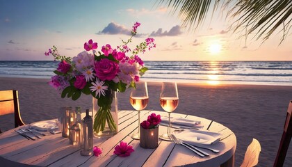 romantic beach sunset dining with wine and flowers
