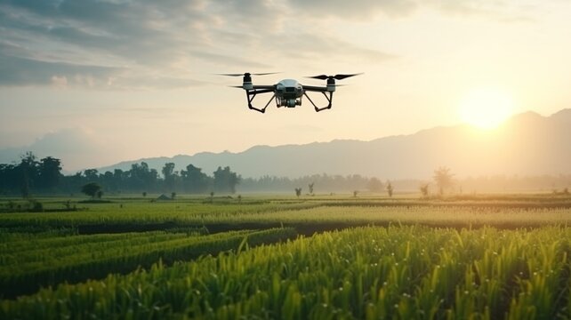 Agricultural drone fly spray paddy field photography Image