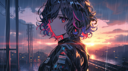 Enigmatic Anime Girl Gazing Back on a Rain-Swept City Street at Twilight. Beautiful Anime Wallpaper. 