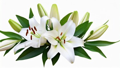 white lily flowers and buds with green leaves on white background isolated close up lilies bunch elegant lilly bouquet lillies floral pattern holiday greeting card or wedding invitation design