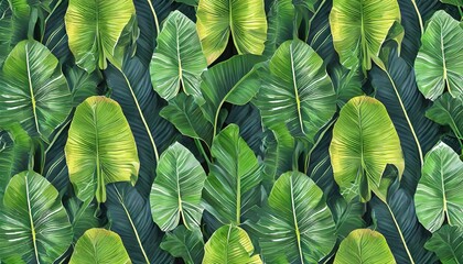 Fototapeta na wymiar seamless pattern with tropical green palm colocasia banana leaves hand drawing botanical vintage background suitable for making wallpaper printing on fabric wrapping paper fabric