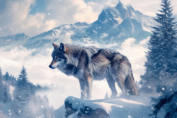 Ethereal Encounter: Timber Wolf in Snowy Heights