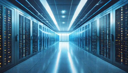 futuristic data center corridor with blue glowing servers