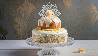 An elegant three tiered cake on a glass cake stand adorned with intricately iced Easter designs