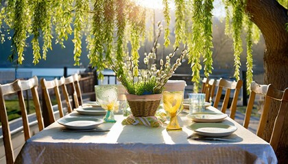 Sunlight streaming through a willow tree onto a table set for an al fresco Easter brunch