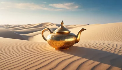 Rollo oriental gold teapot lying on the sand in the desert dunes © Irene