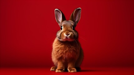 Fluffy Bunny in front of a dark red Wallpaper. Blank Background with Copy Space