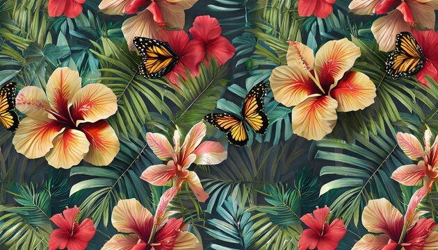 vintage floral seamless pattern tropical wallpaper with hibiscus flowers palm leaves butterflies luxury botanical background hand drawn 3d illustration premium design for wallpaper fabric © Irene