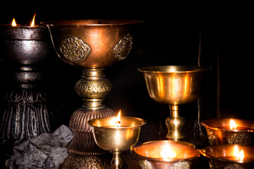 Buddhist oil lamps, Buddhism, Ladakh,