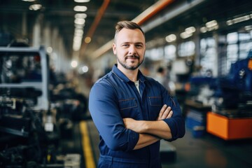 Portrait of a smiling young man working in automotive factory