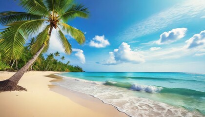 tropical island paradise beach nature blue sea wave ocean water green coconut palm tree leaves...