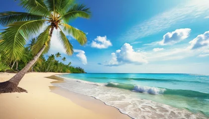 Fotobehang tropical island paradise beach nature blue sea wave ocean water green coconut palm tree leaves yellow sand sun sky white clouds beautiful caribbean landscape summer holidays vacation travel © Irene