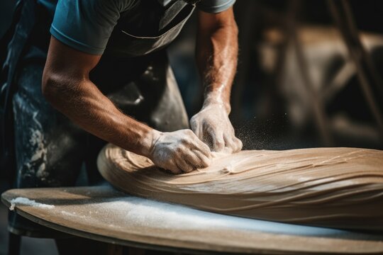 Skilled craftsman making a surfboard in workshop - Powered by Adobe
