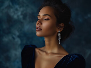 Contemporary glamour portrait, elegant female in a velvet dress with a plunging neckline, chandelier earrings