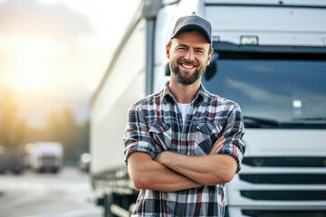 Smiling Man Standing by Big Rig Truck