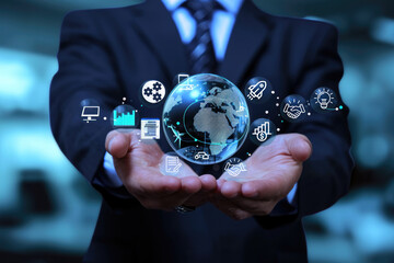 Hands and 3D world maps represent business management and testing laboratories to be recognized by customers on a global scale under the standard of ISO IEC 17025. Testing laboratory Quality concept.