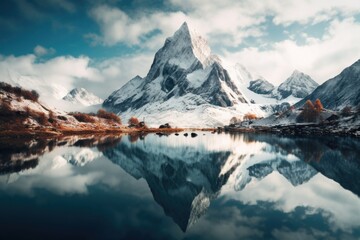 Fototapeta na wymiar Snowy mountain peak reflected in calm lake