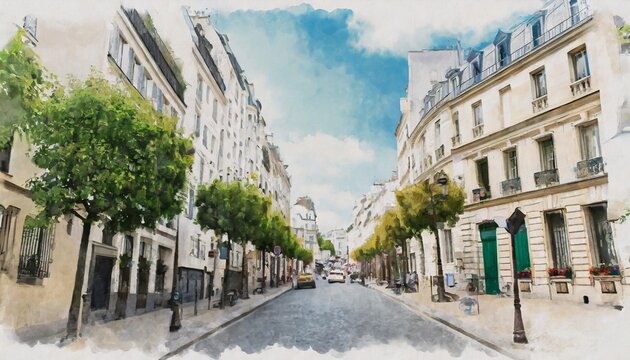 beautiful digital watercolor painting of the montmartre streets in paris france