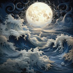 Artistic interpretation of moonlit ocean waves with swirling white foam under a full moon, evoking a sense of mystery and the powerful forces of nature.