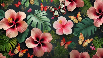 vintage floral print with hibiscus and butterflies dark tropical background premium wallpaper hand drawn 3d illustration luxury pattern for postcard packaging clothing - obrazy, fototapety, plakaty