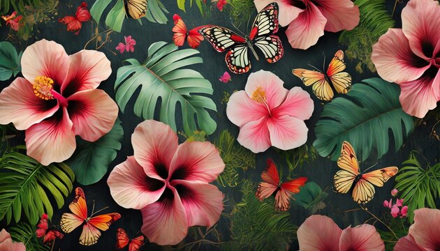 vintage floral print with hibiscus and butterflies dark tropical background premium wallpaper hand drawn 3d illustration luxury pattern for postcard packaging clothing