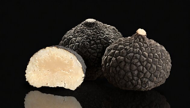 black truffles group and slice on black clipping path included